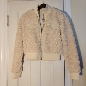 Express x negin mirsaleh ivory sherpa cropped bomber jacket
